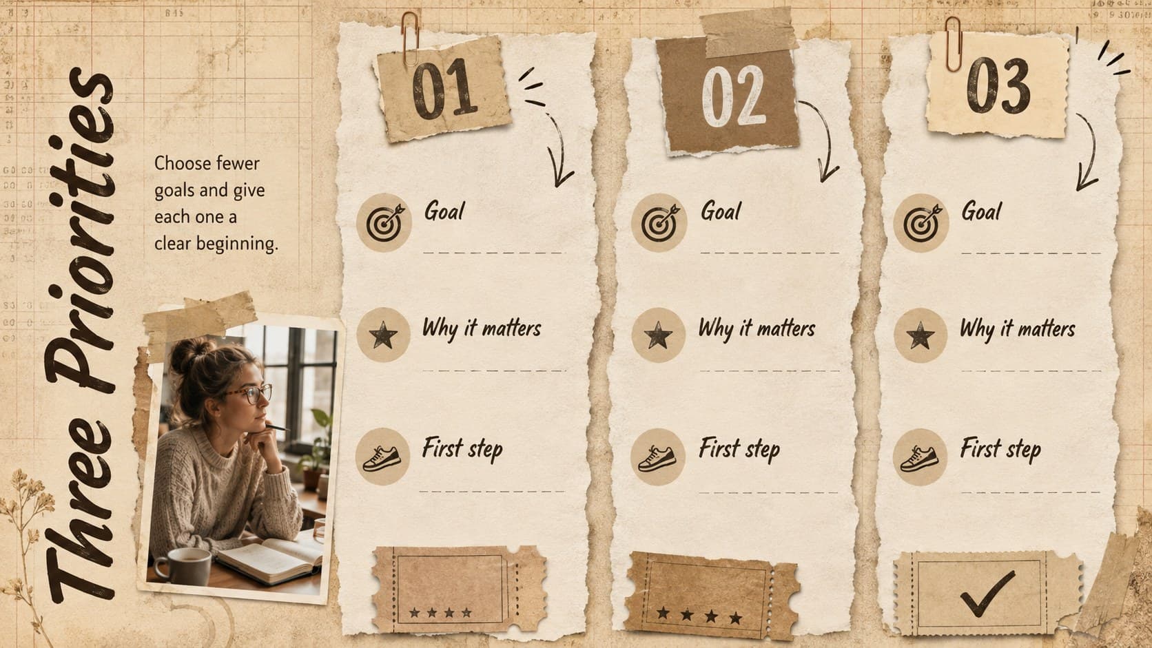 Goal-setting scrapbook slide organizing three annual priorities with reasons and first steps.