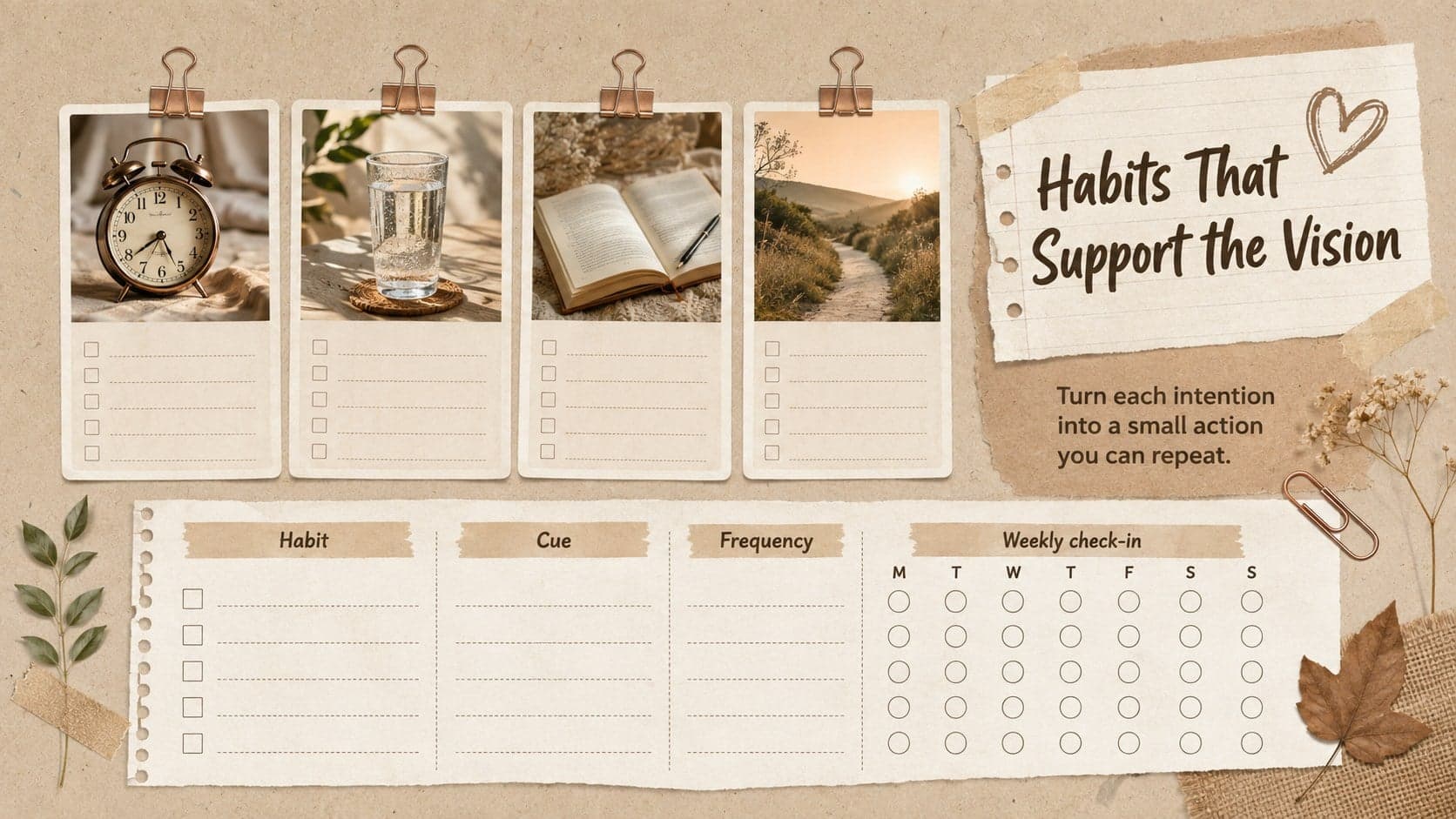 Yearly habits planner slide with four routines, simple cues, and progress check boxes.