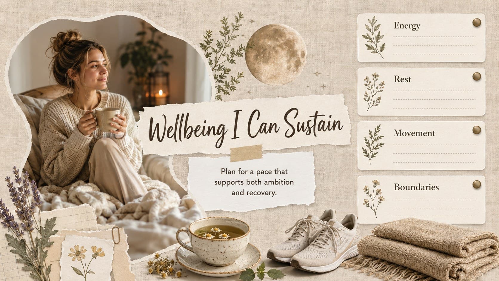 Personal wellbeing vision slide covering energy, rest, movement, and boundaries in a warm neutral design.