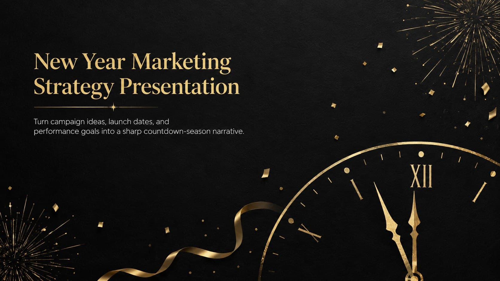 Elegant cover for a New Year marketing strategy presentation featuring gold countdown details on a black background.