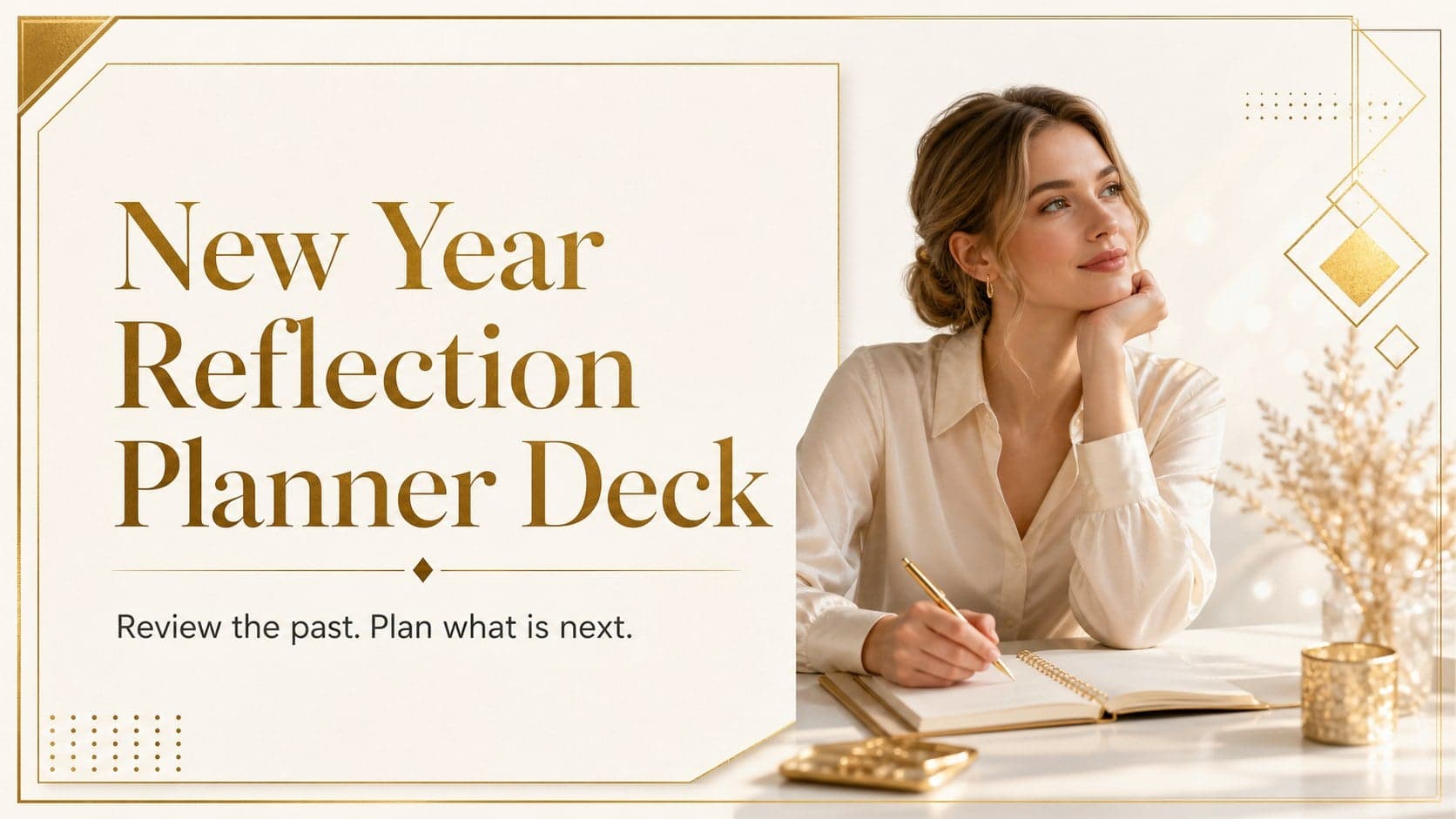 Elegant gold cover slide for a new year reflection planner with a refined title block and space for a planning subtitle.