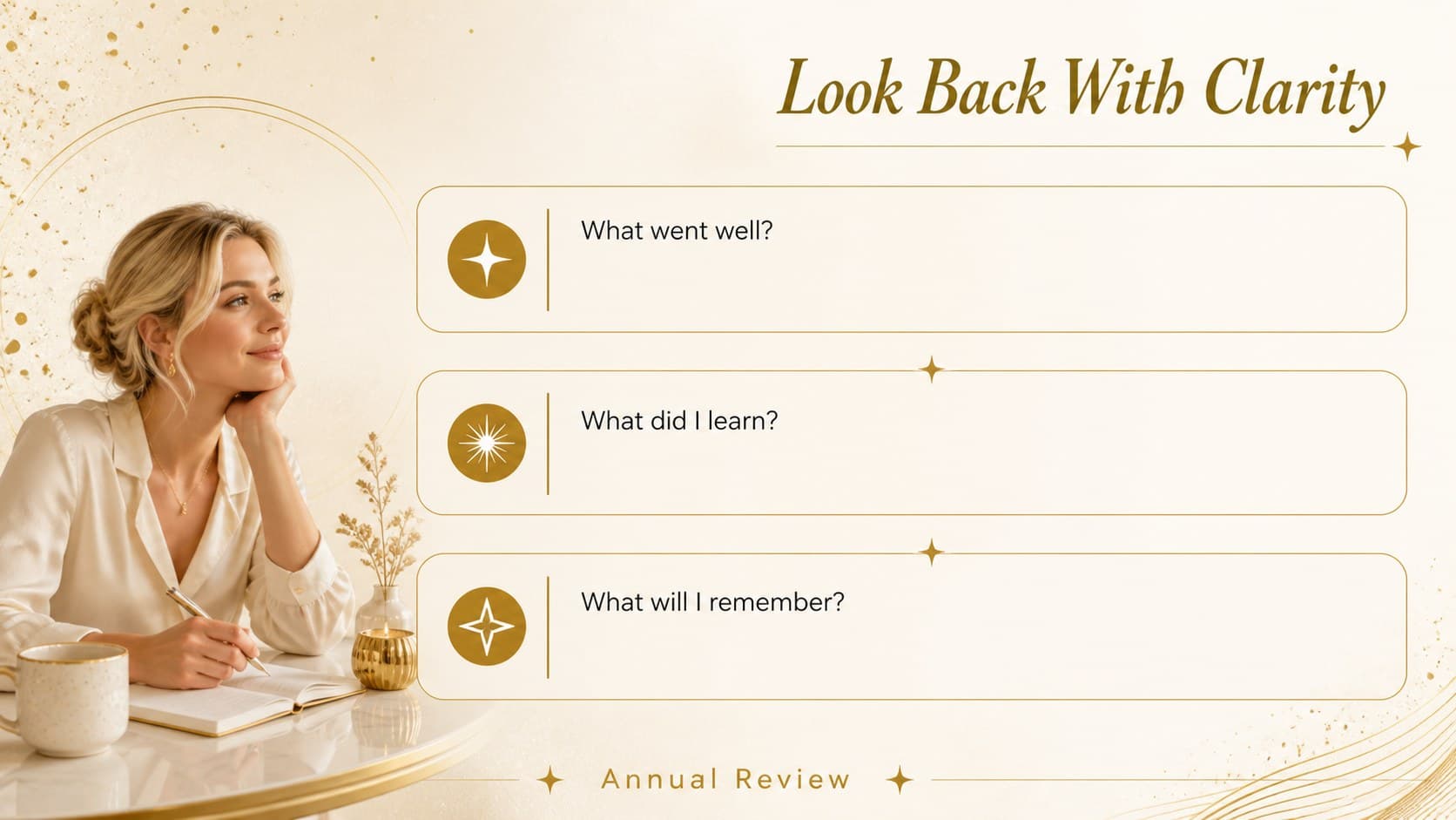 Gold annual review worksheet slide showing prompts for accomplishments, lessons learned, and meaningful moments.