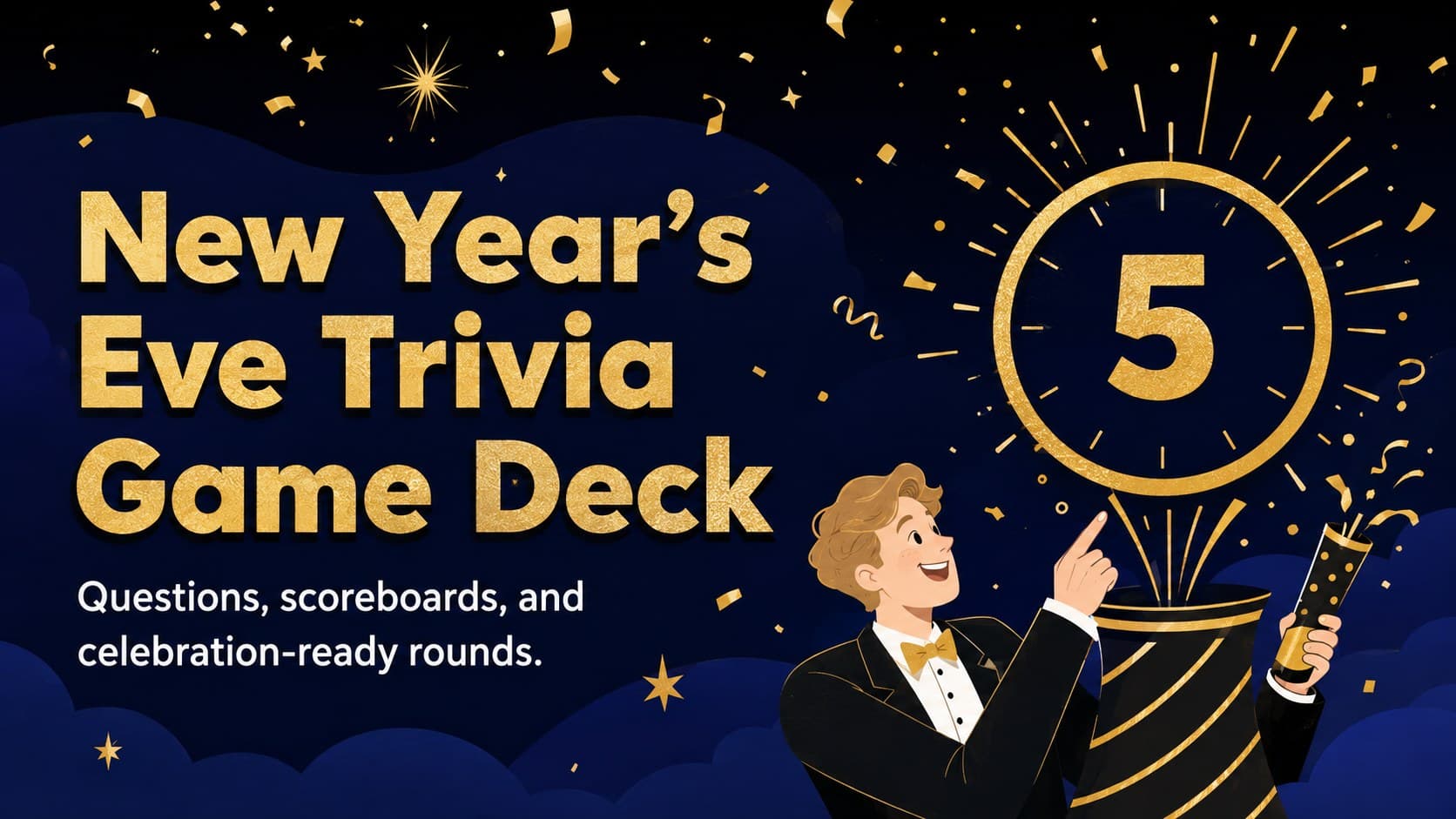Cover for a New Year's Eve trivia game deck with playful blue and gold countdown illustrations on a black background.