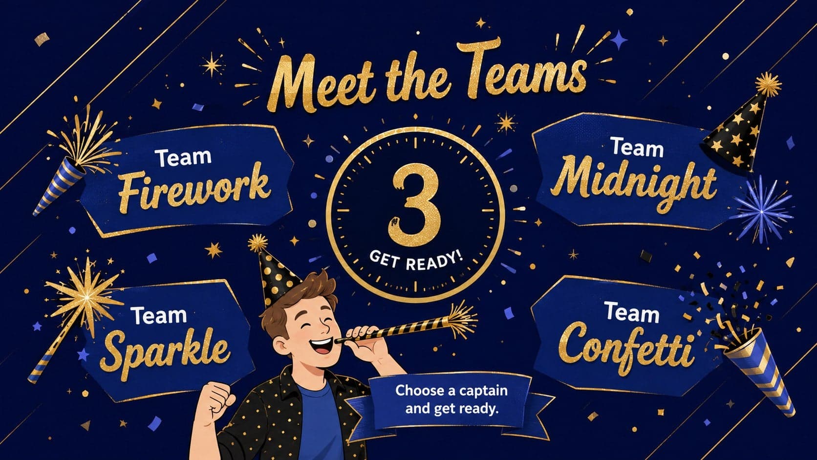 Team setup layout for an interactive New Year's Eve trivia game with four editable team names.