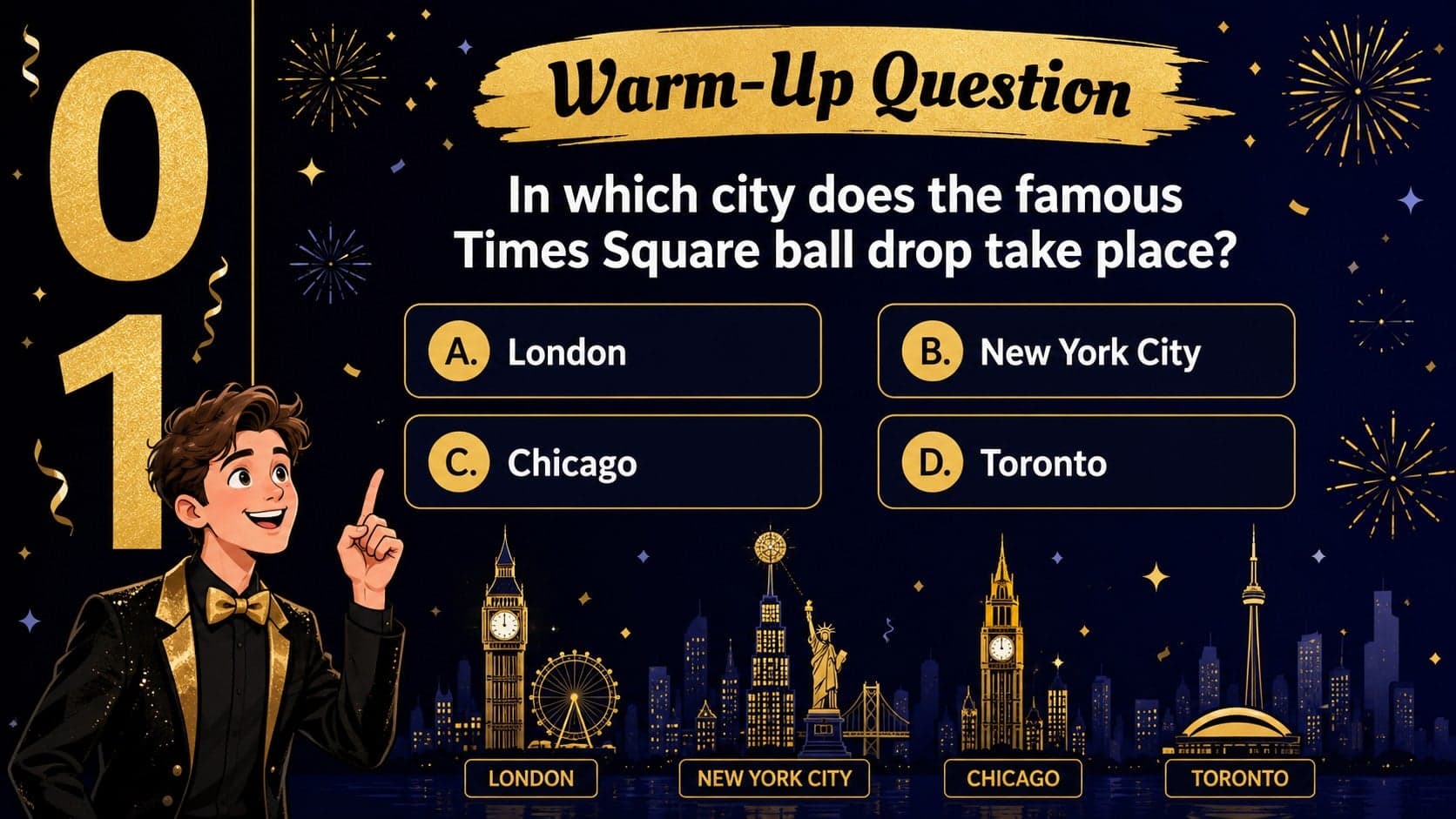 Warm-up question from a blue and gold holiday trivia game asking about the Times Square ball drop.