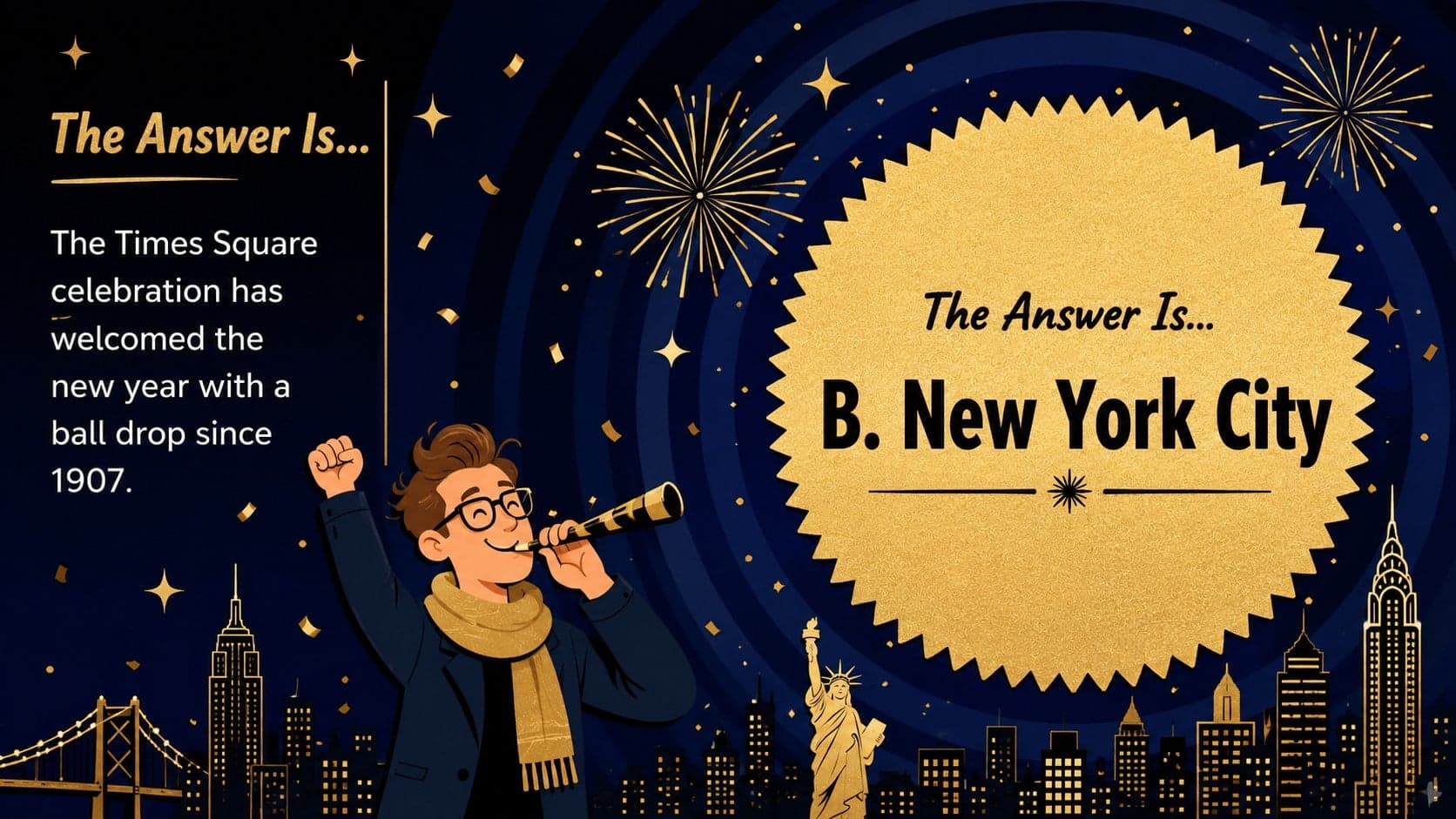 Answer reveal slide for a New Year's Eve quiz highlighting New York City as the correct response.