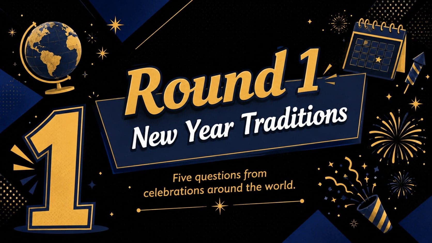 Round one title slide introducing New Year traditions in a festive interactive countdown quiz presentation.