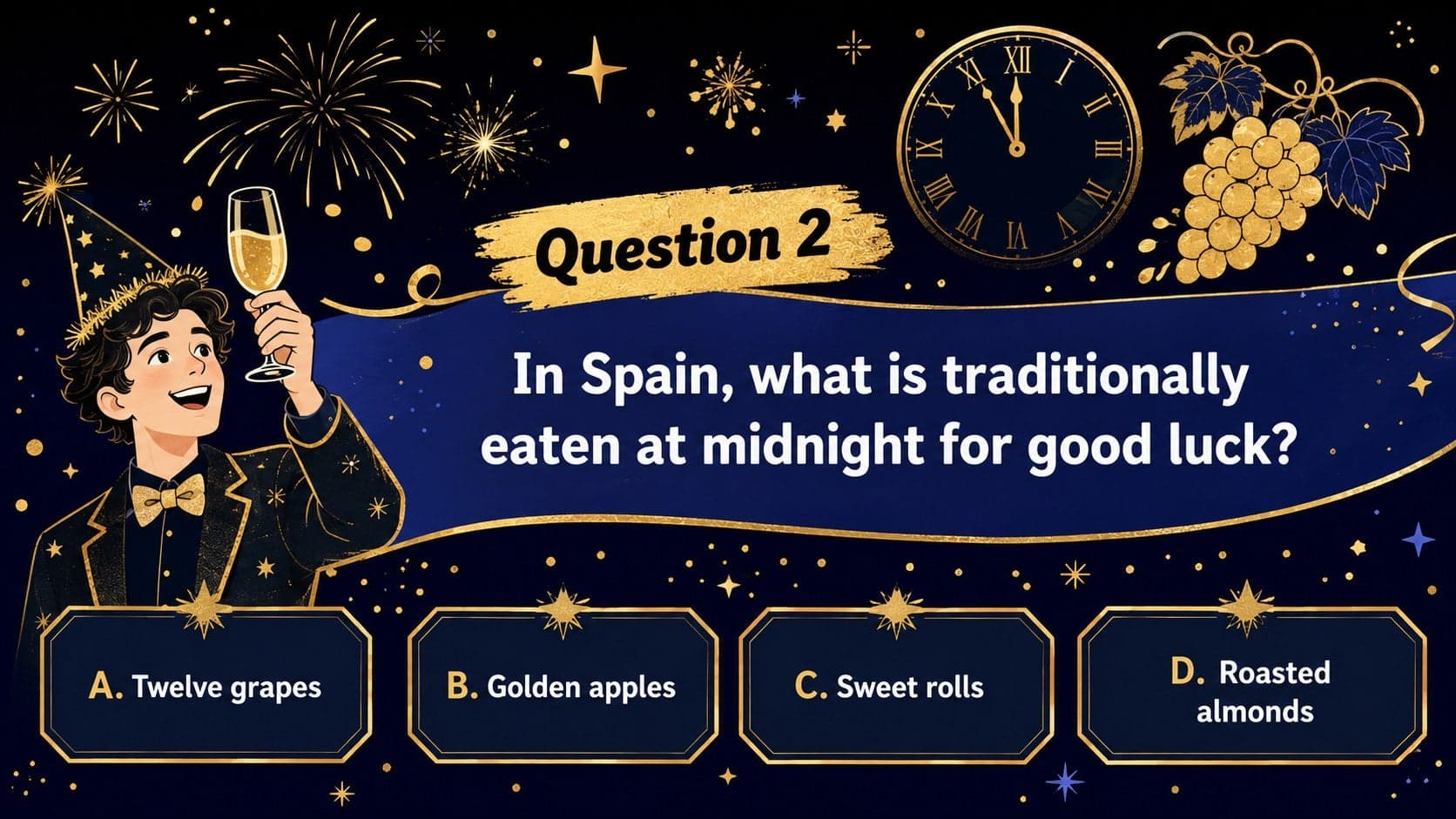 Holiday trivia question slide asking which food symbolizes prosperity in Spain at midnight.