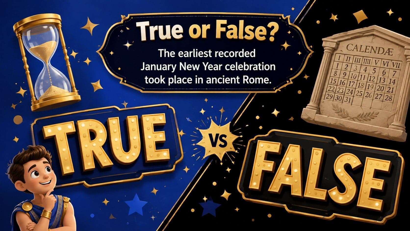 True or false New Year's Eve trivia slide about the first January celebration in history.