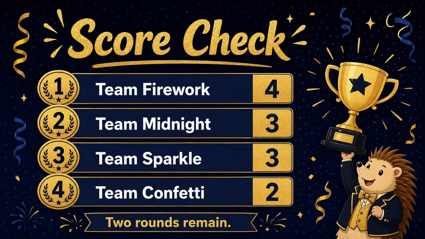 Mid-game scoreboard for an office countdown party game with editable team totals.
