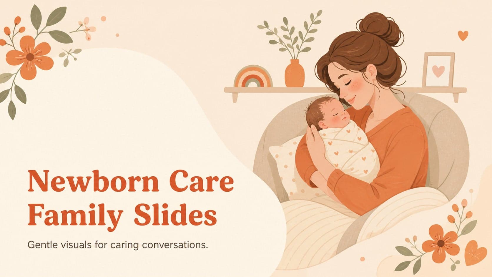 Cover for Newborn Care Family Slides with warm beige and orange floral illustrations surrounding a parent-and-baby scene.