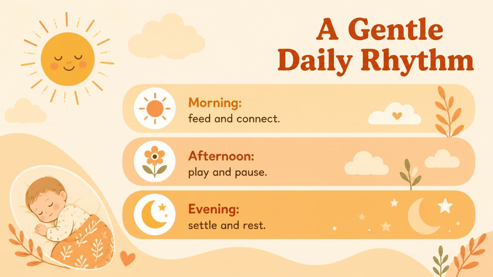 Newborn care family slide showing a simple morning, afternoon, and evening routine.