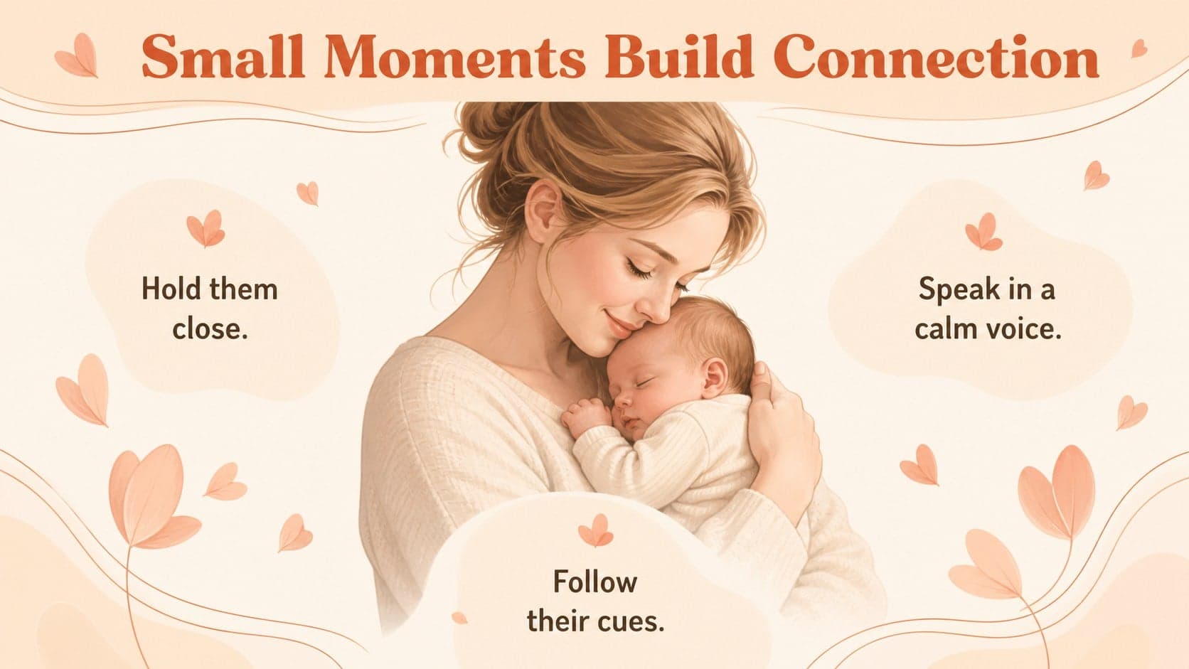 Illustrated family education slide presenting three calm ways to build a bond with a newborn.