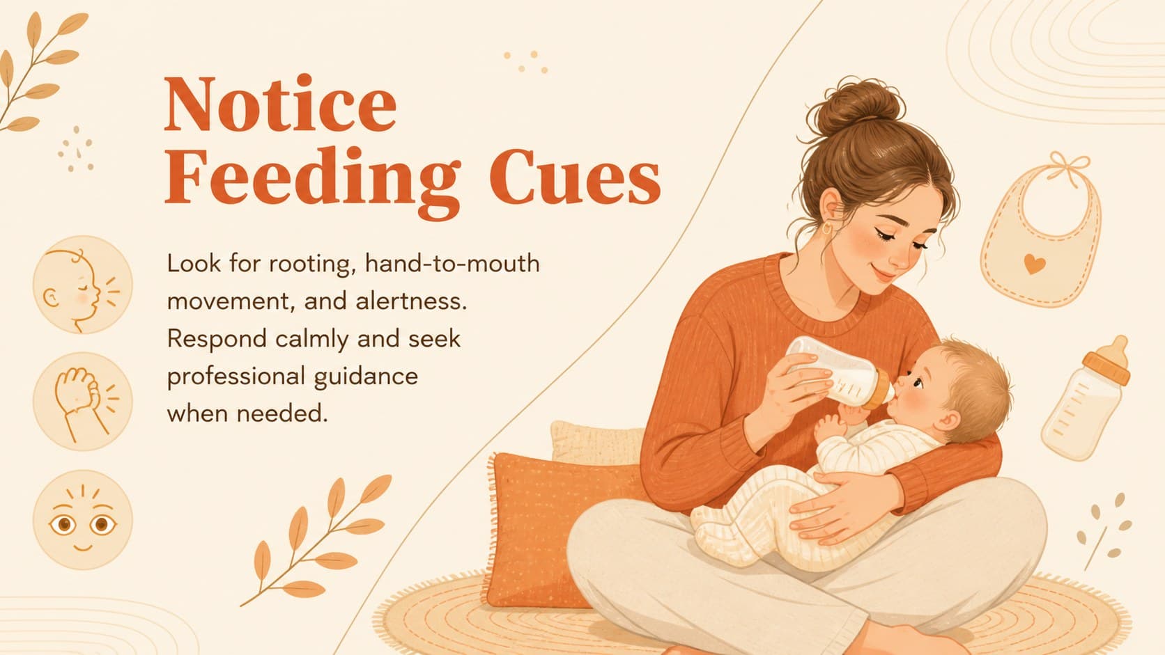 Beige and orange infant care class presentation slide with feeding cues and response steps.