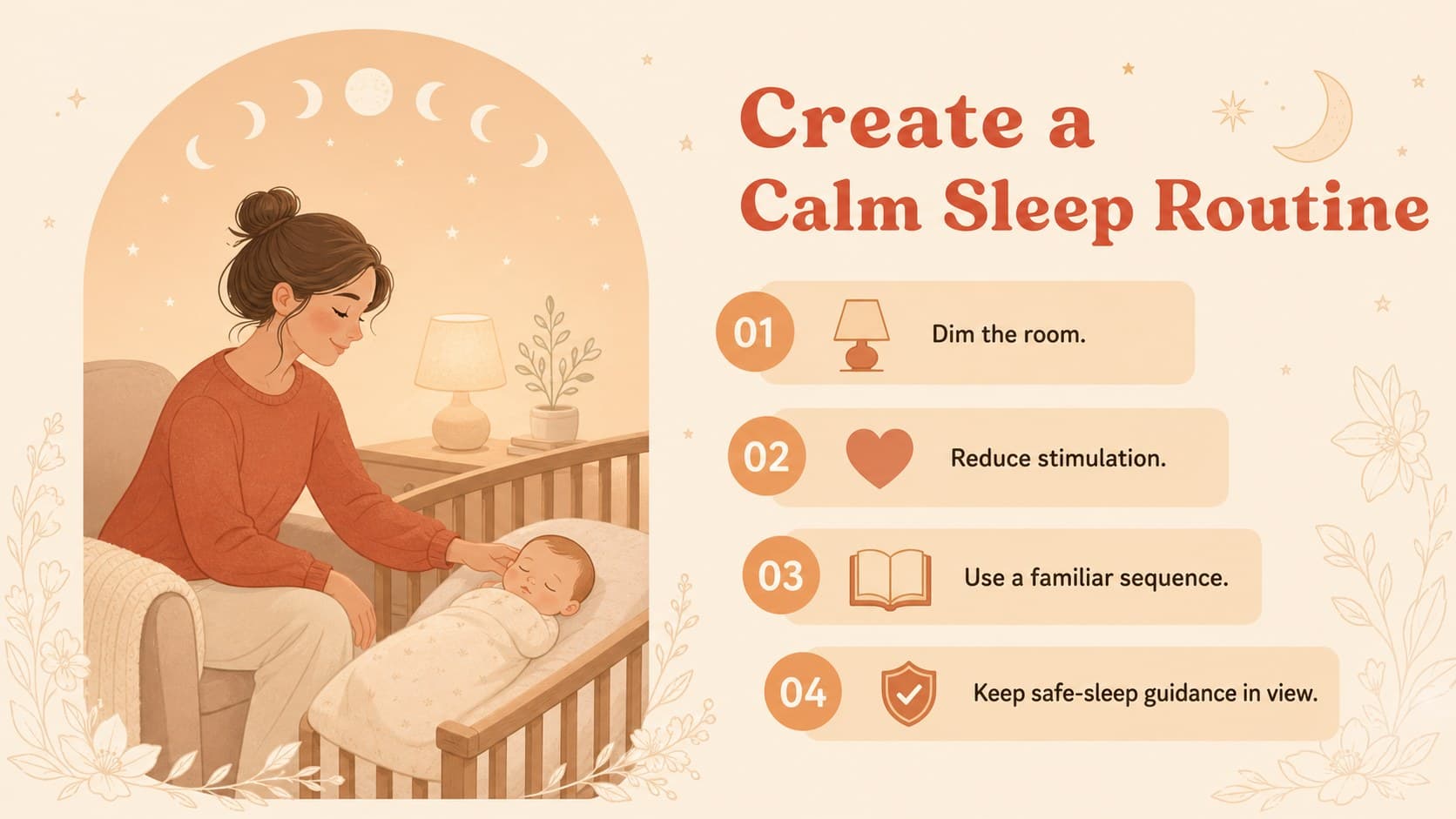 Gentle parenting presentation theme slide summarizing a calm and consistent newborn sleep routine.