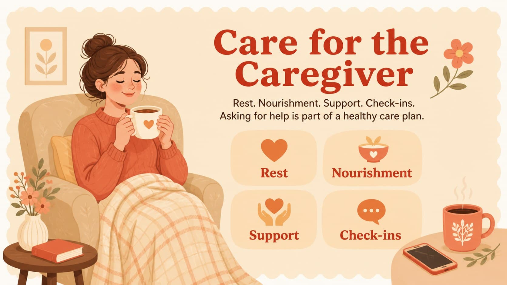 Mother and infant education deck slide encouraging rest, nourishment, support, and caregiver check-ins.