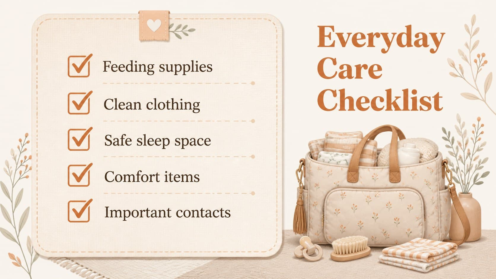 Newborn care workshop checklist with practical items for comfort, feeding, sleep, and emergency contacts.