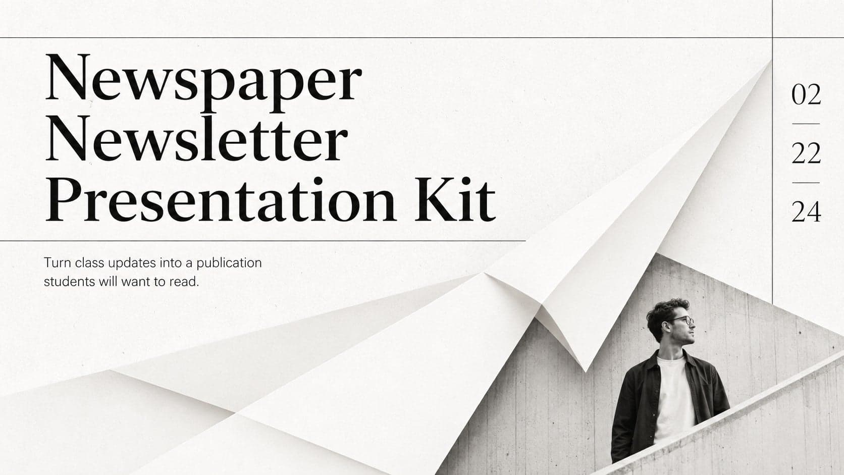 Cover of a newspaper newsletter presentation kit with a bold editorial headline on a clean white background.