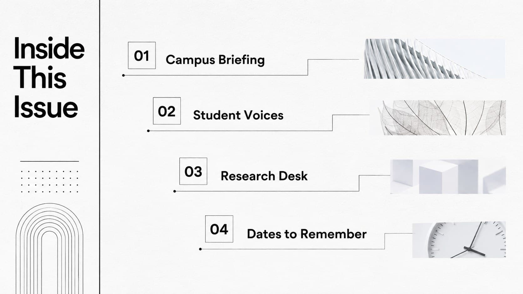 Editorial contents page for a school newspaper newsletter template with four clearly numbered sections.