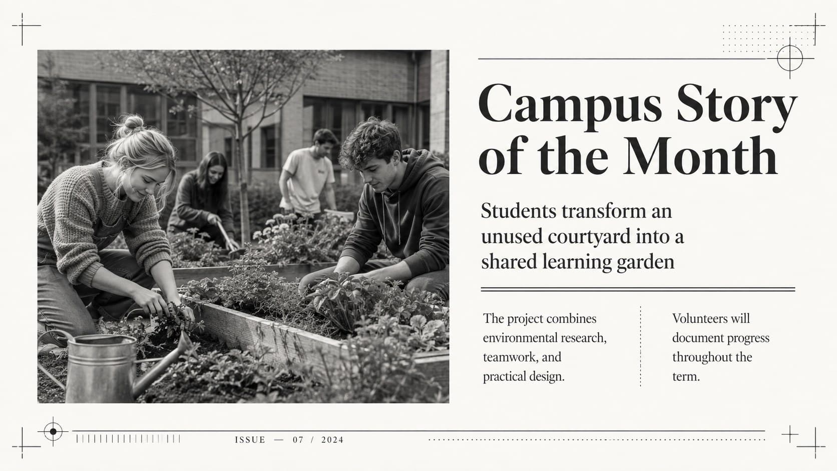 Class bulletin presentation slide featuring a lead campus story with columns and an original student photograph.