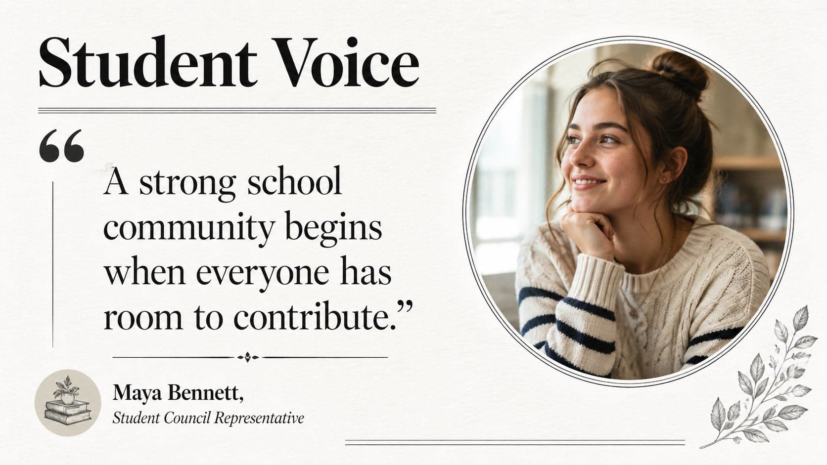 School publication Google Slides layout presenting a student interview with a portrait, quotation, and short profile.