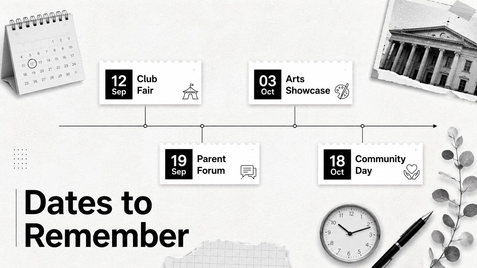 Minimal editorial newsletter slide displaying an upcoming school events timeline with dates and concise descriptions.