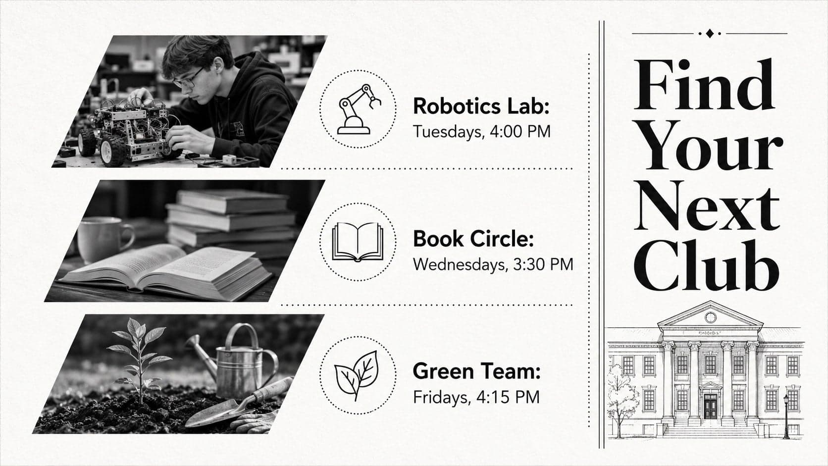 Campus update slides template page comparing three student clubs with facts, icons, and meeting details.
