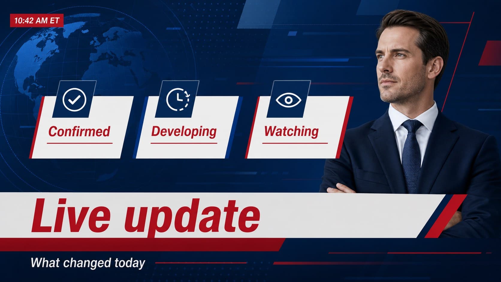 Live update summary slide with a prominent status headline, timestamp, and three concise information blocks.