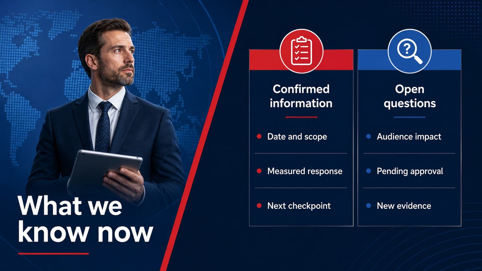 Two-column analysis slide comparing confirmed information with open questions for the next briefing.