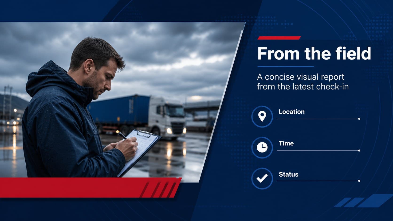 Image-led field report slide pairing a documentary-style visual area with a concise update caption.