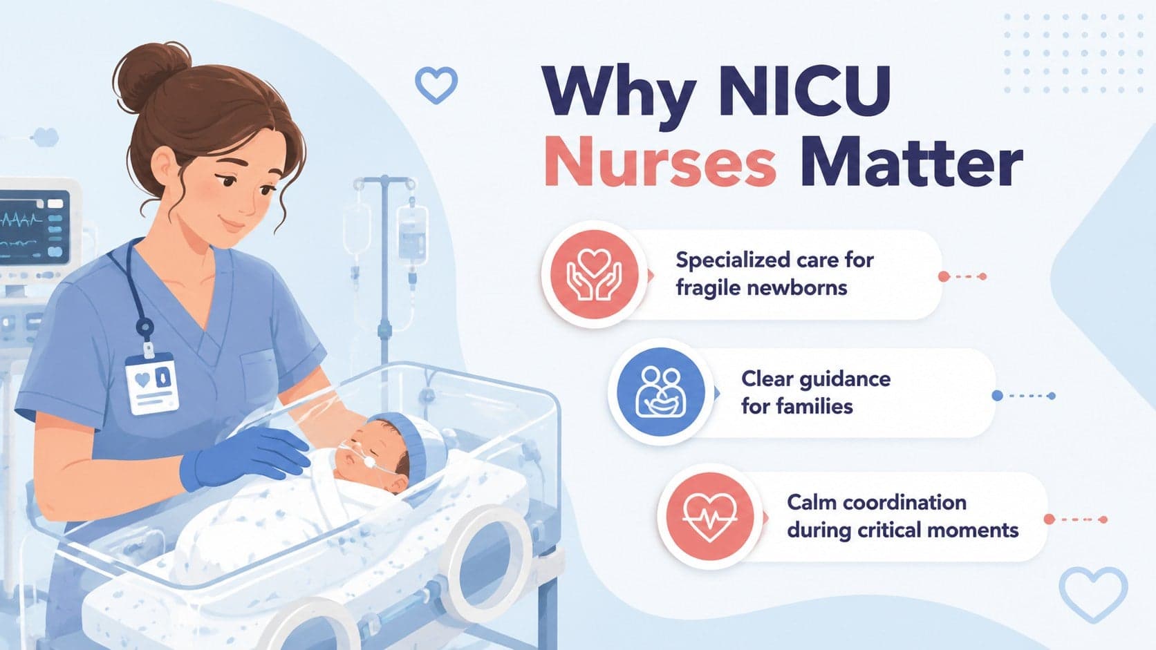 Illustrated neonatal nursing slide explaining why NICU nurses matter to newborns and families.