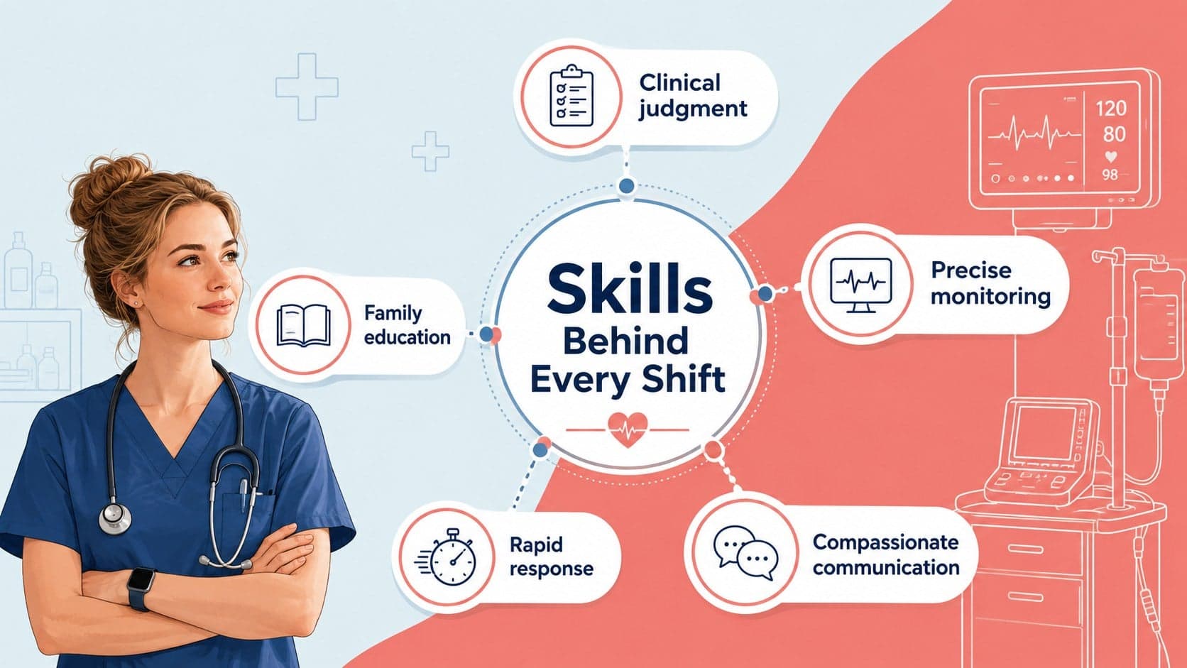 Medical appreciation slide highlighting neonatal nursing skills in an illustrated blue and red layout.