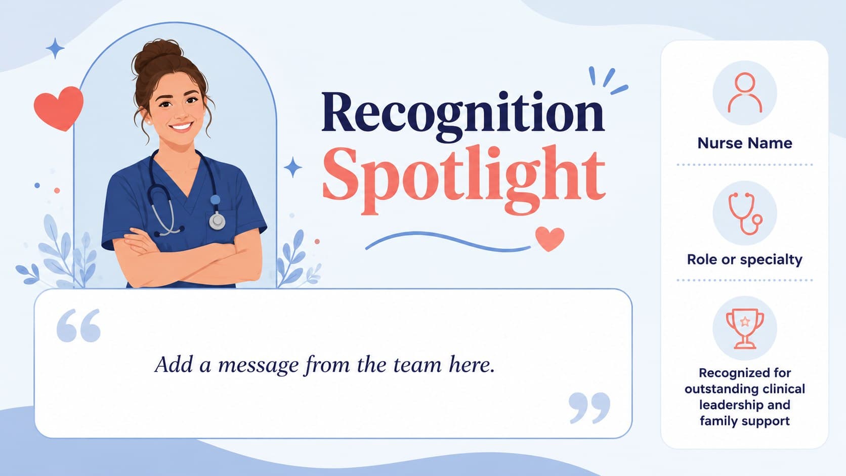 NICU staff recognition slide with an editable nurse spotlight and achievement summary.