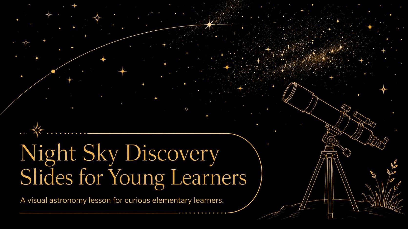 Black and gold cover for Night Sky Discovery Slides for Young Learners with original stars and constellation artwork.