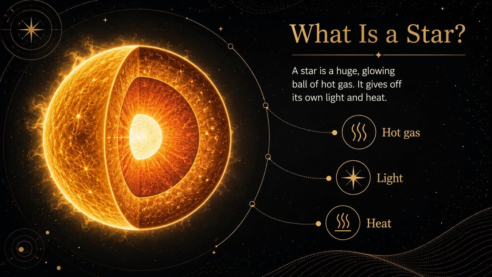 Night sky science slide explaining what a star is with a simple labeled gold diagram.