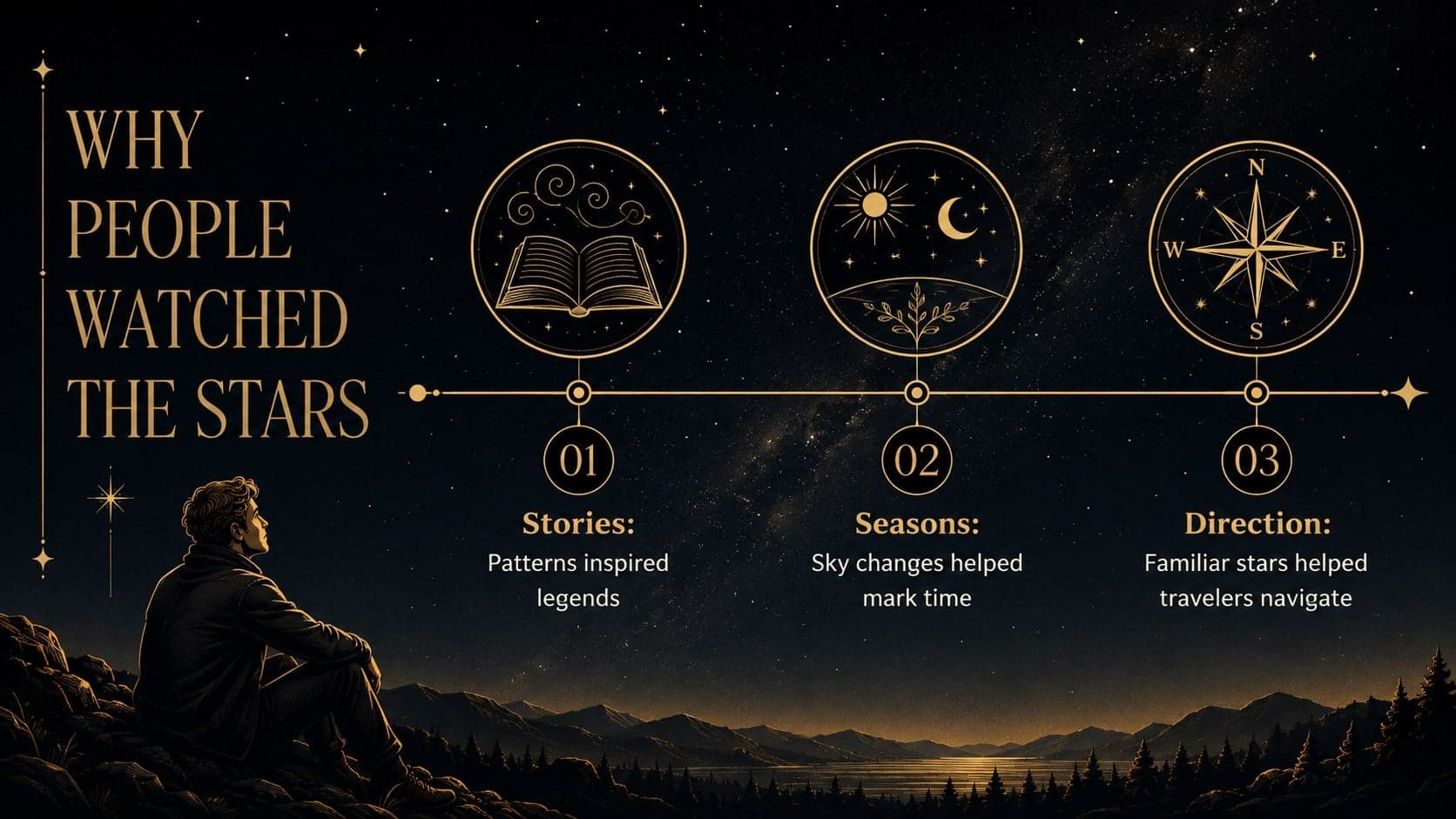Night sky lesson slide explaining how people use constellations for stories, seasons, and navigation.