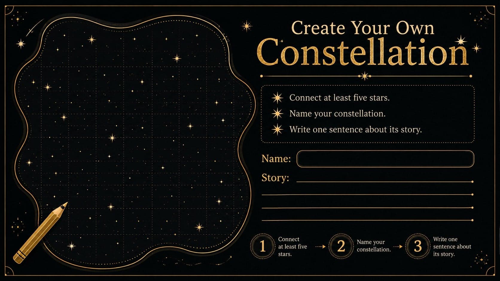 Editable constellation activity for kids with a blank star field for inventing a new pattern.