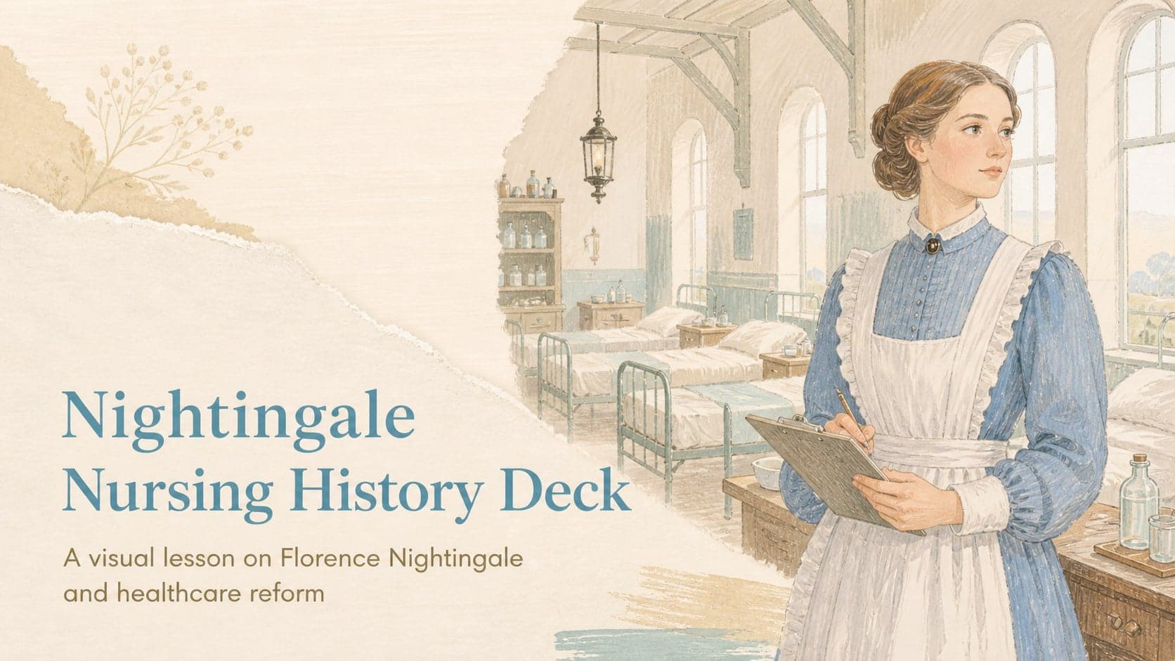 Beige illustrated cover for a nightingale nursing history deck with a historical healthcare motif.