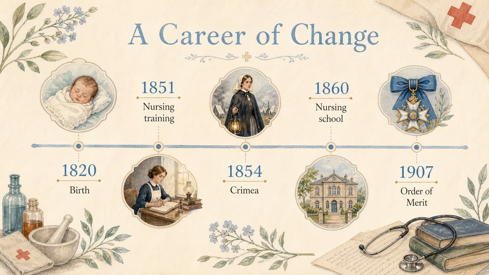 Historical timeline slide showing key milestones in Nightingale's nursing career.