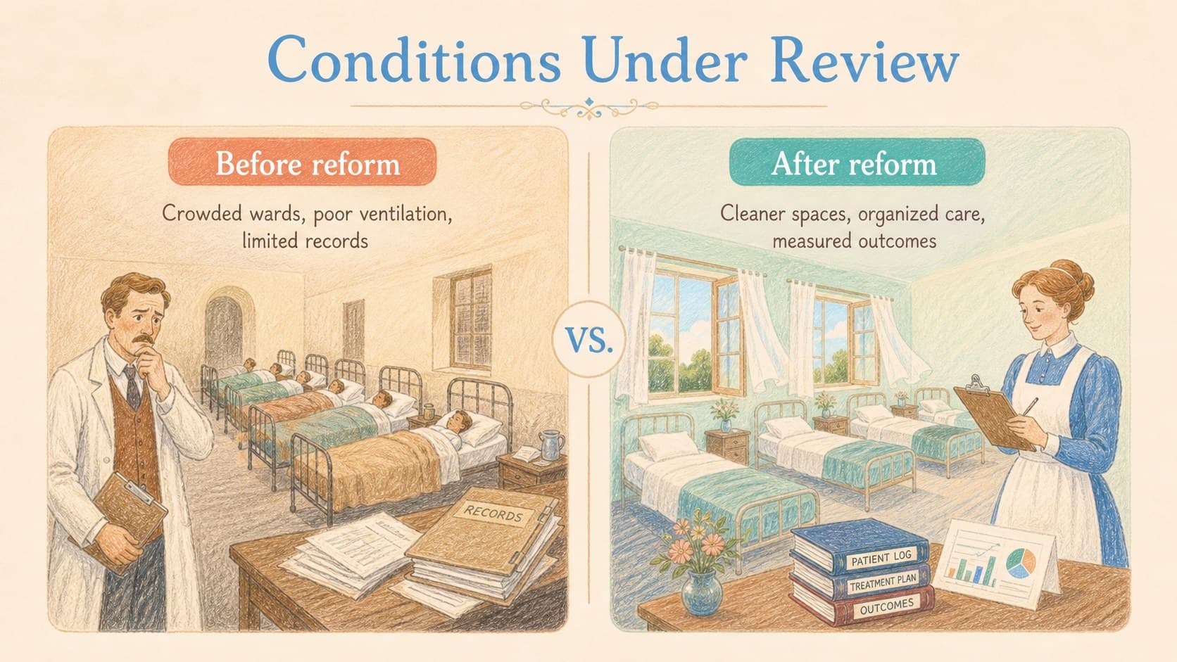 Classroom history slide comparing military hospital conditions before and after reform.