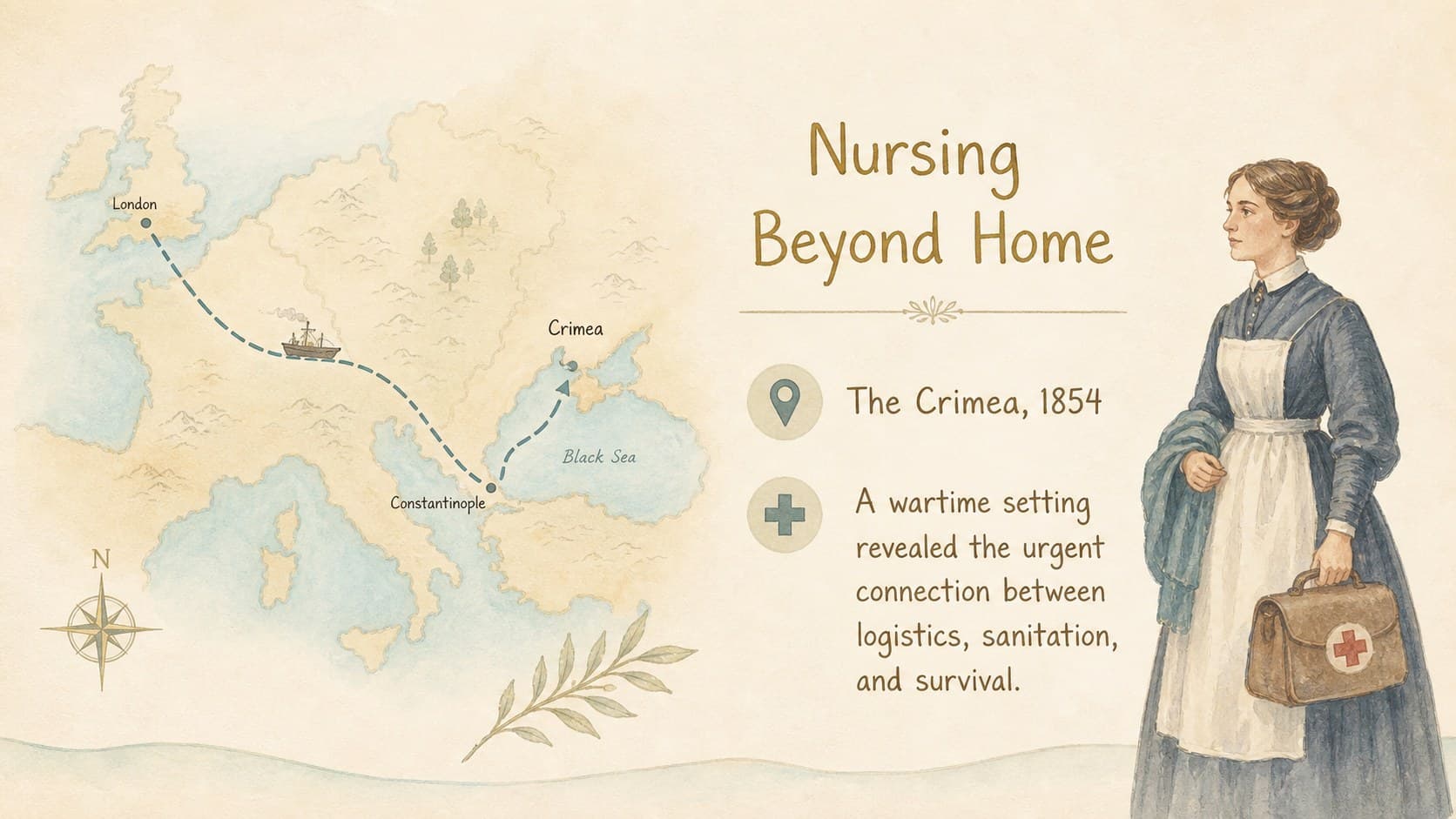 Map-based slide tracing Nightingale's wartime nursing work in Crimea.