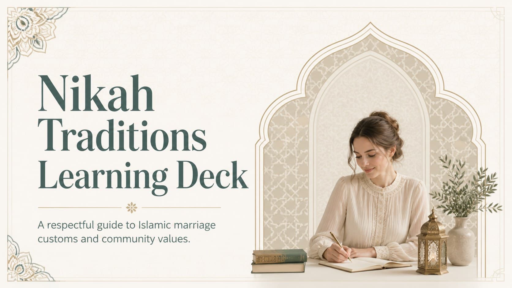 Elegant beige cover slide for a nikah traditions presentation with ornamental Islamic-inspired framing.