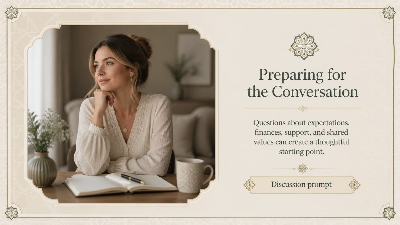 Image-led slide for discussing family preparation before an Islamic marriage ceremony.