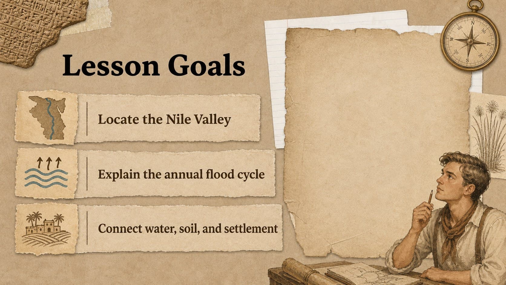 Learning objectives slide outlining key goals for an Ancient Egypt river systems presentation.
