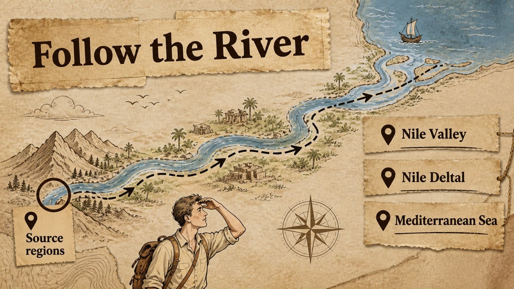 Nile River route slide showing the river's journey from southern highlands to the Mediterranean.