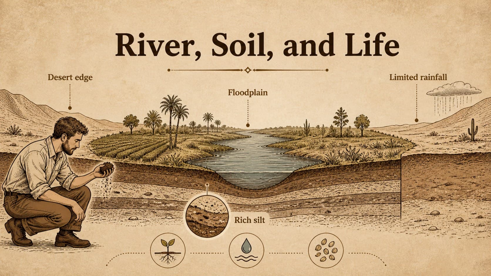 Nile floodplain classroom activity slide comparing fertile river soil with surrounding desert.