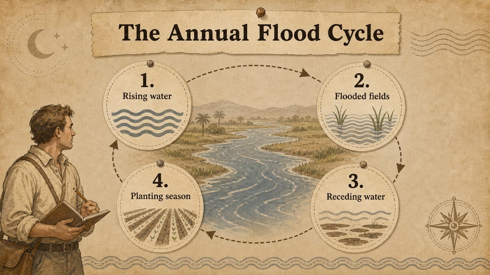 Flood cycle diagram slide explaining seasonal water changes in an ancient Egypt geography lesson.