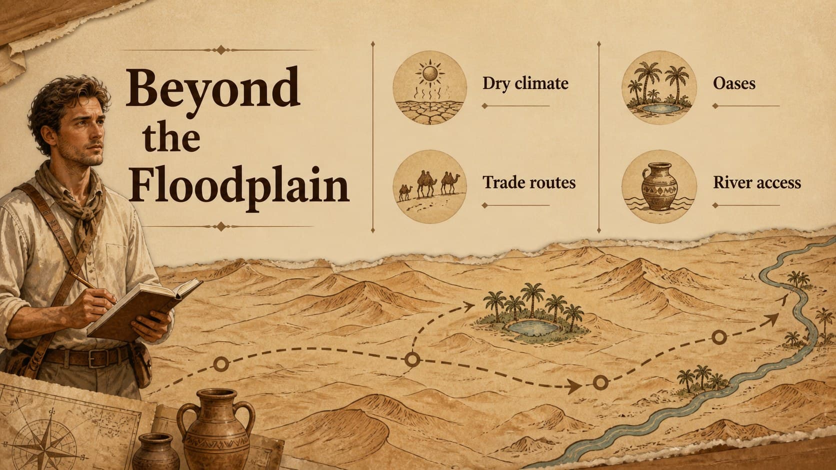 Ancient Egypt desert geography lesson slide contrasting desert routes and river access.
