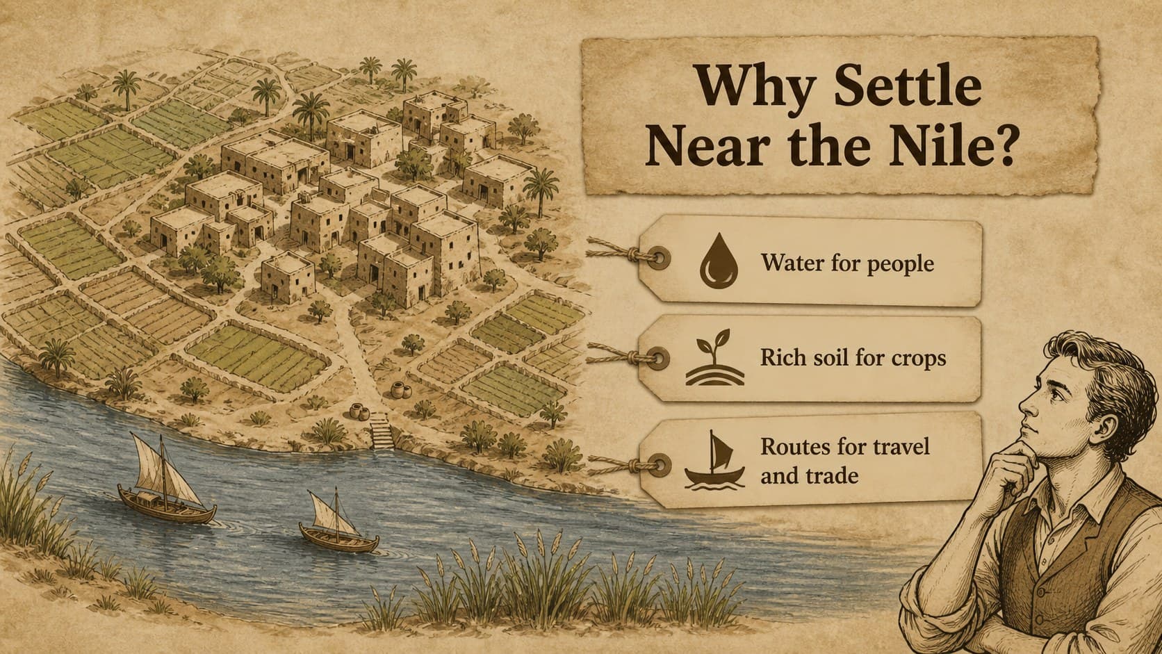 Settlement geography slide showing why communities formed near the Nile floodplain.