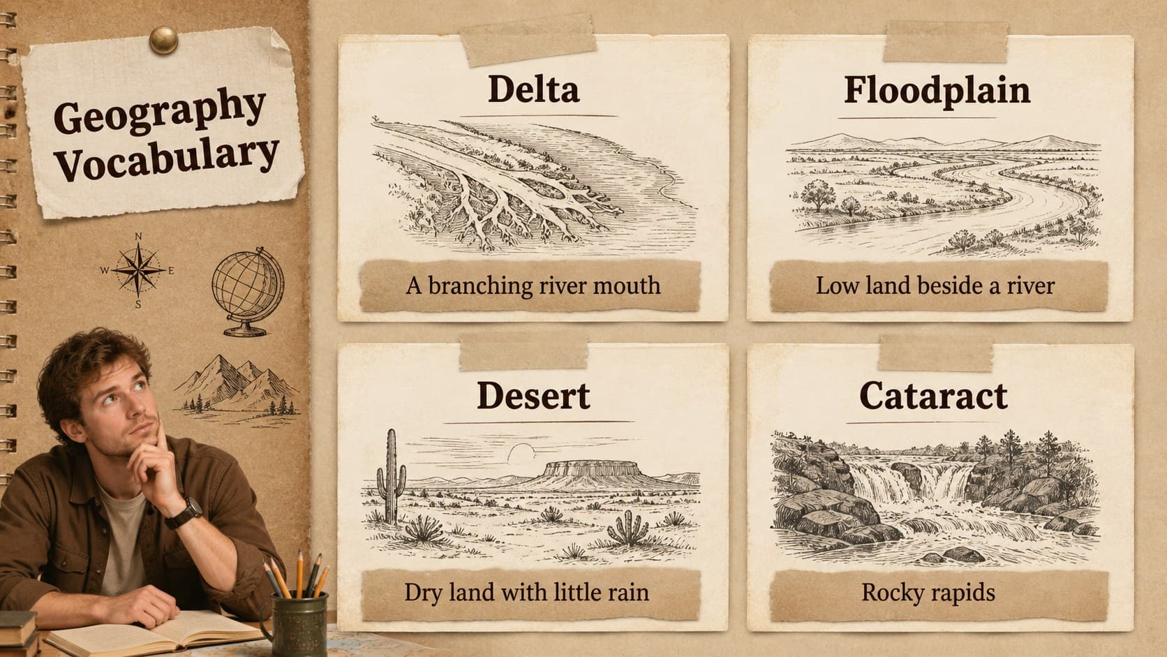 Ancient Egypt geography vocabulary slide with illustrated terms for river, delta, floodplain, and desert.